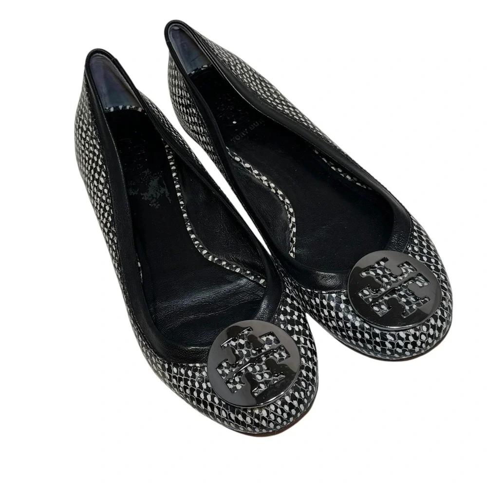 Tory Burch Womens Reva Ballet Flats‎ Black/White Snake Size 7